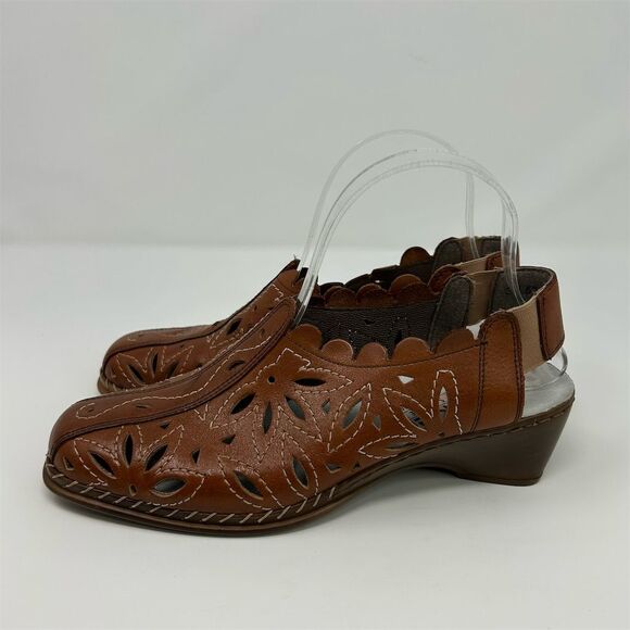 Rieker Brown Leather Slingback Sandals Size 39 (US 8) Cutout Floral Design - Picture 7 of 13